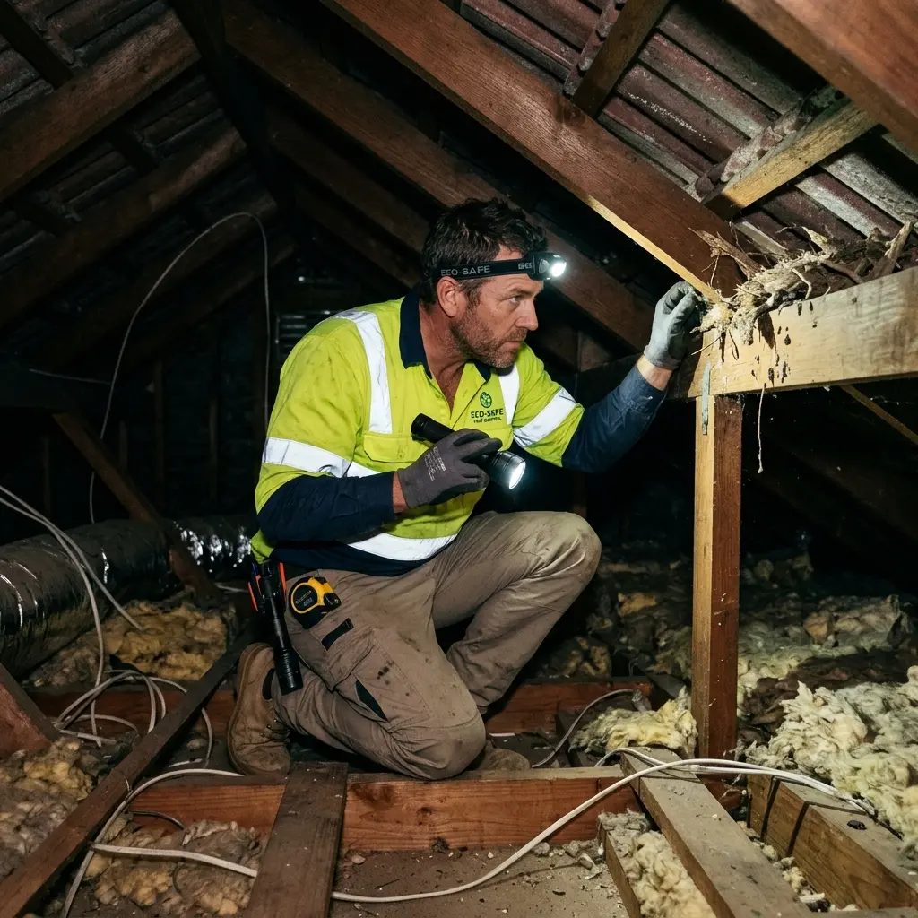Technician inspecting a roof cavity for a dead animal in Mount Duneed