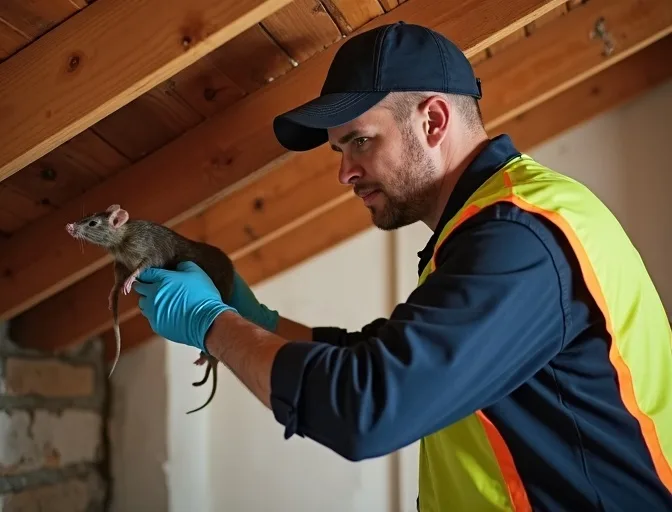 Technician inspecting a roof cavity for a dead rat in Mount Duneed